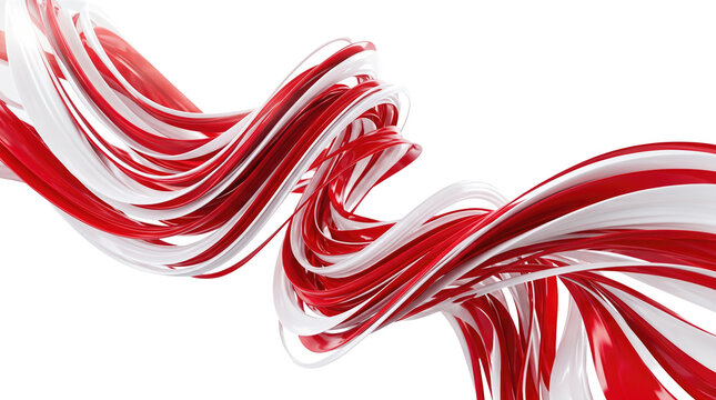 Abstract twisted red white glossy ribbons flowing isolated background 3d rendering bright dynamic floating curved line shape modern futuristic digital art