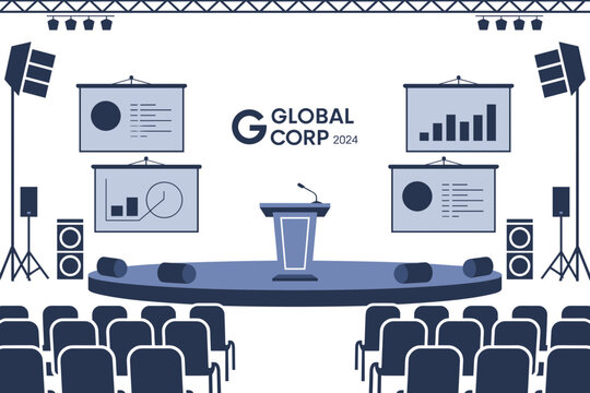 Conference stage with podium, presentation screens, and audience seating