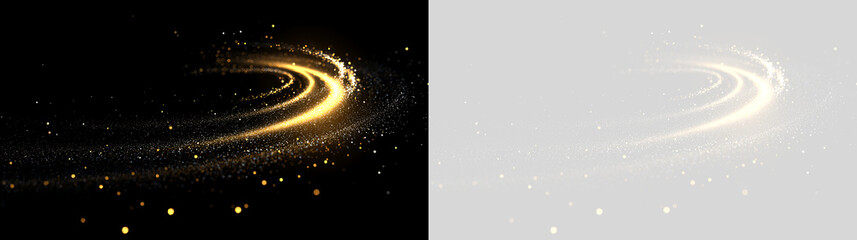 Golden sparkling dust trail in a swirling motion. Luminous magic particle effect on black and transparent background © Pro_Light
