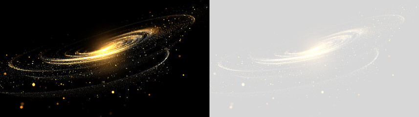 Golden glowing particle galaxy swirl on black and transparent background. Magical light effect with sparkling dust rings and cosmic energy © Pro_Light