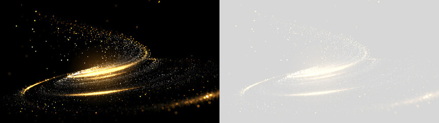 Fototapeta premium Abstract golden glowing particle swirl. Magic dust trail with sparkling light effect on black and transparent background