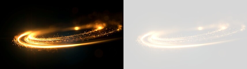 Glowing golden light ring with sparkling dust. Dynamic circular magic swirl effect on black and transparent background © Pro_Light