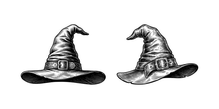 Witch hats with pointed brims and buckles isolated on transparent background, isolated on white background, Vector