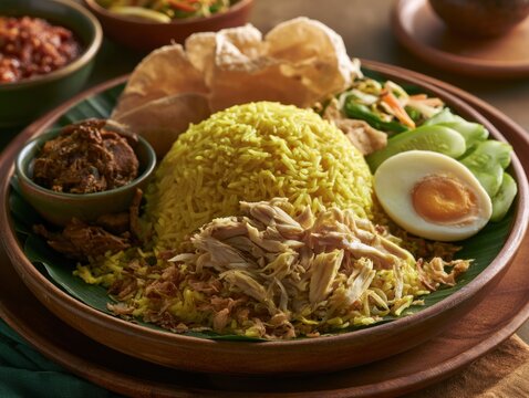Nasi kunyit yellow rice with shredded chicken hard boiled egg and condiments