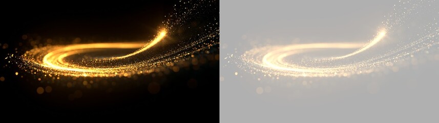 Glowing golden particle light trail on black and transparent background. Swirling magic dust and glitter bokeh effect. Abstract luminous energy wave overlay for festive design © Pro_Light