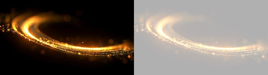Glowing gold light wave and sparkling particle trail. Dynamic luminous curve on black and transparent background. Abstract magic energy design overlay © Pro_Light