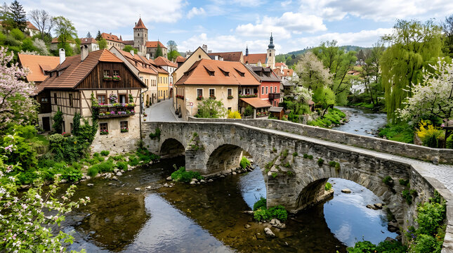 Historic Bridge Over the Vltava River in Prague Czech Republic with Medieval Architecture, Historic Buildings, Castle, Church Towers, Scenic Water Reflections and European Cityscape