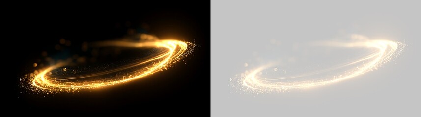 Glowing golden light trail with sparkling particles. Dynamic circular magic ring effect on black and transparent backgrounds. Abstract luminous swirl design element © Pro_Light