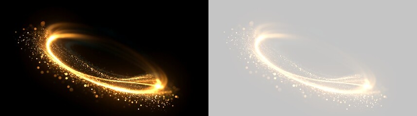 Glowing gold light swirl with sparkling dust. Dynamic magic trail effect on black and transparent background. Luminous energy ring element © Pro_Light