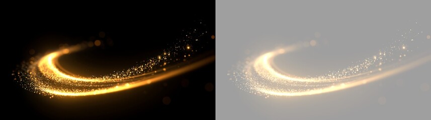 Sweeping golden light trail with sparkling particles. Dynamic curved magic wave effect on black and transparent backgrounds. Abstract luminous swoosh design element © Pro_Light