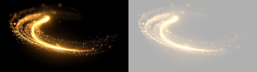 Glowing golden light trail with sparkles on black and transparent background. Dynamic swirling magic dust effect. Abstract luminous curve design element for overlay © Pro_Light