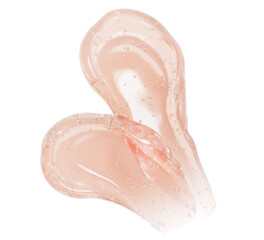 Fototapeta premium Pink cosmetic gel smears with air bubbles isolated on 3d background. Peach rose cream texture, swatches of liquid beauty product, face cleanser, body scrub, moisture skincare serum