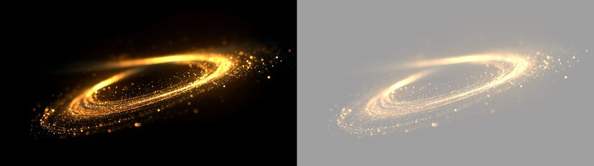 Glowing golden light ring with sparkling particles. Circular magic vortex trail on black and transparent background. Abstract luxury design element © Pro_Light