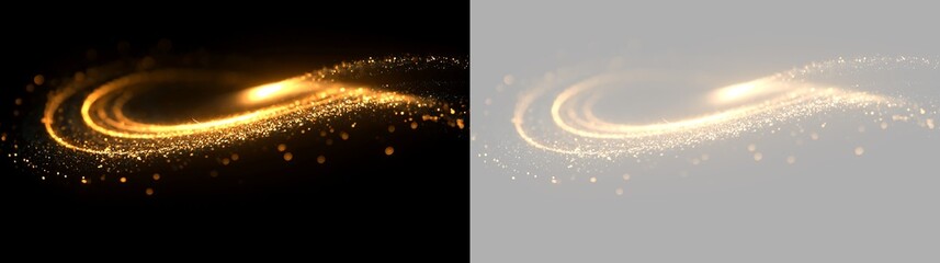 Wavy golden light trail with sparkling particles. Flowing magic gold wave on black and transparent background. Abstract dynamic design element © Pro_Light