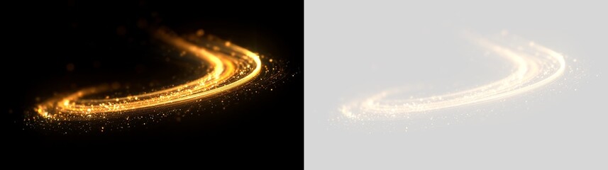 Curved golden light trail with sparkling particles. Shimmering magic gold arc on black and transparent background. Abstract luminous design element © Pro_Light