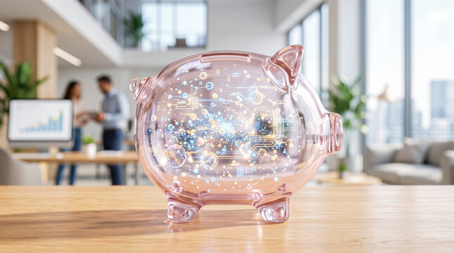 Transparent glass piggy bank containing glowing digital computer circuits sitting upon wooden office desk representing modern electronic banking investment strategies