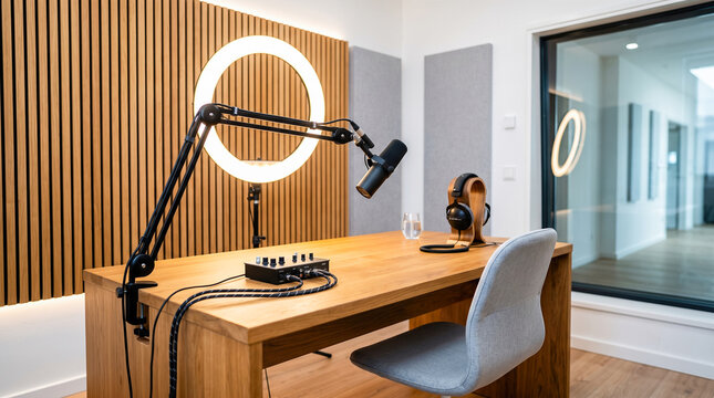 Professional broadcasting microphone attached to boom arm above wooden desk next to audio mixer inside soundproof podcast recording studio room