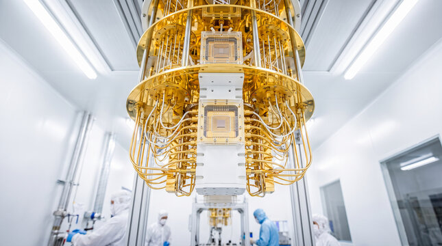 Complex golden quantum computing hardware suspended from ceiling inside sterile white laboratory while scientists wearing protective suits conduct advanced research