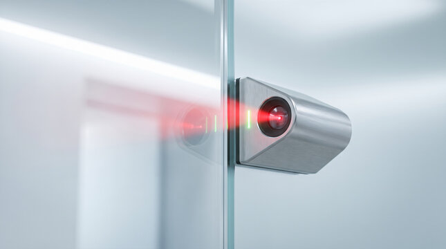 Metallic electronic access control scanner mounted upon transparent glass door emitting red laser beam inside modern corporate office building providing security