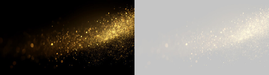 Golden glitter dust trail with bokeh. Sparkling gold particles wave isolated on black and transparent background. Festive magic shimmer overlay element © Pro_Light