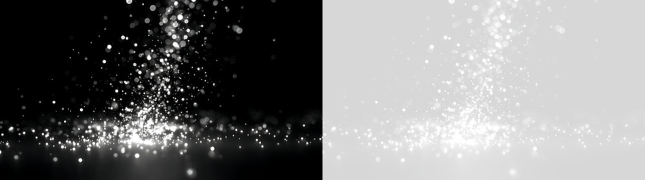 White glitter and sparkling dust explosion effect. Glowing particles and bokeh overlay on black and transparent background. Abstract light burst design element