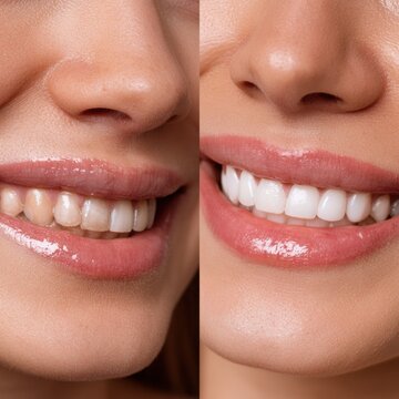 Before and after of teeth whitening procedure showing transformation