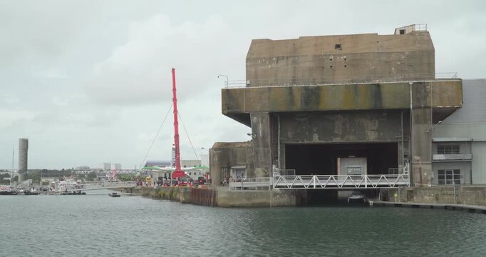 The massive concrete structure of the Keroman submarine base (Block K3) in Lorient, Brittany, France.