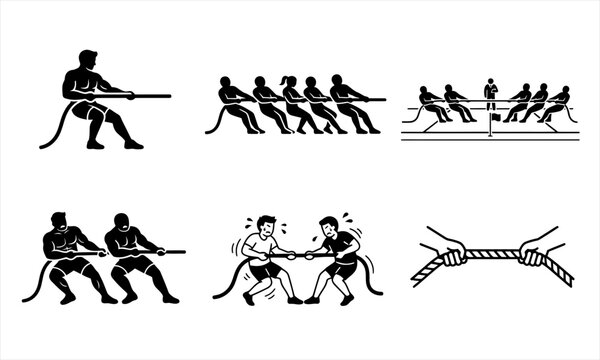 Tug of war game and team strength icon set vector illustration