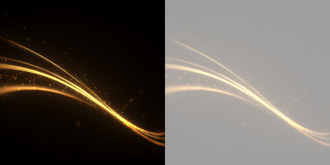 Elegant golden light trail and glowing wave with particles. Dynamic magic dust sweep isolated on black and transparent background. Luminous motion effect © Pro_Light
