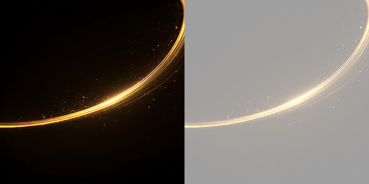 Glowing golden light trail with sparkling dust particles. Curved luminous wave effect on black and transparent background