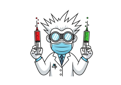 Cartoon Mad Scientist Holding Syringes with Medical Vaccine Liquid