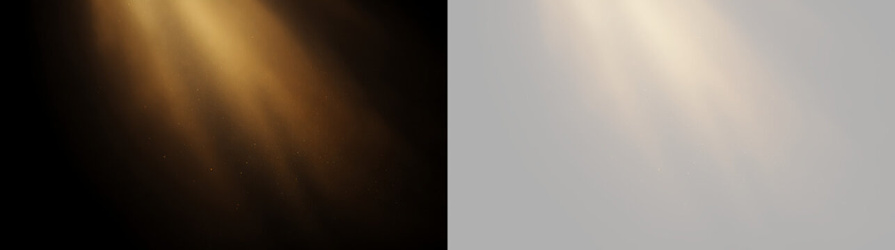 Golden light ray with dust particles on black and transparent background. Warm sunbeam overlay effect with glowing illumination