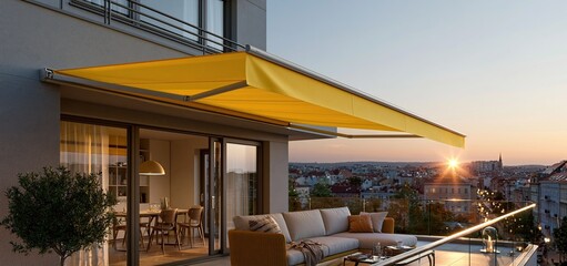 Fototapeta premium A modern balcony features a vibrant yellow foldable canopy against a warm urban sunset, creating a cozy outdoor space.