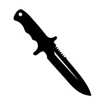 Isolated black silhouette icon of a tactical combat survival knife with serrated blade