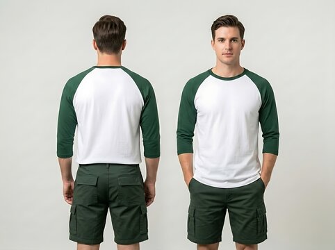 Blank white and dark green raglan t-shirt on male model, ideal for custom casual wear