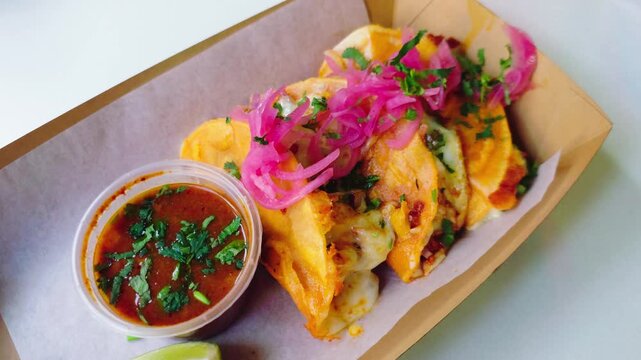 Mexican birria tacos with melted cheese and pickled red onions in fast food cafe. Spicy dipping consomme with fresh cilantro beside tacos. Traditional street food meal with lime