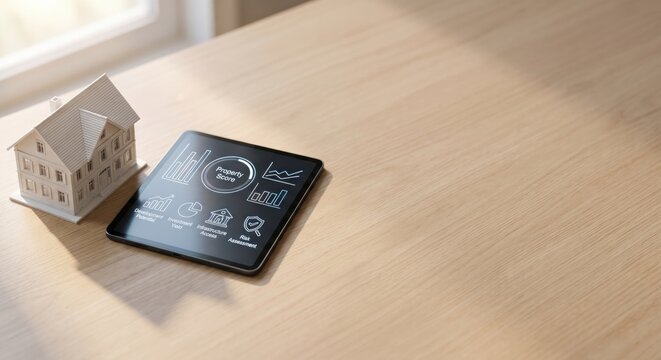 White house model with tablet displaying property score analytics dashboard on wooden desk