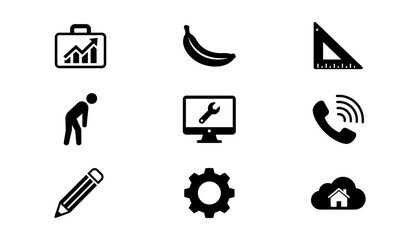 Fototapeta premium Business growth technical support and lifestyle solid glyph icons set featuring banana tools phone and cloud symbols,