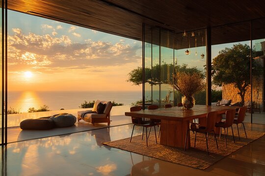 Luxury modern villa interior with sunset ocean view and infinity pool