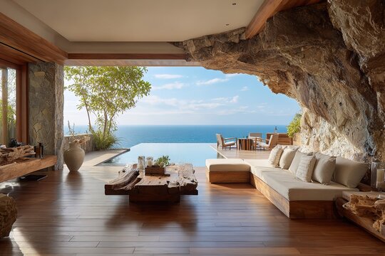 Luxury villa living room carved into a cave overlooking the ocean