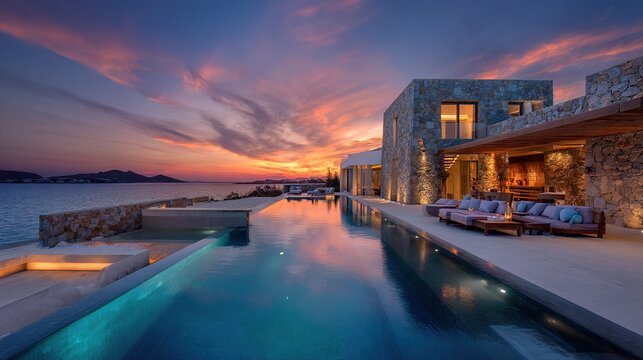 Luxury stone villa with infinity pool and sunset sea view