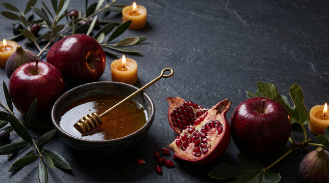 Rosh Hashanah Celebration Concept Traditional Jewish Holiday Foods Pomegranate Red Apples Honey Dipper Bowl Olive Branches Wax Candles Dark Stone Background Still Life Autumn Harvest Festive Table