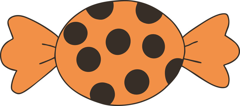 Sweet wrapped candy illustration in orange with dark brown polka dots for Halloween trick or treat