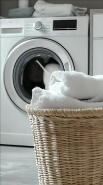 Laundry day with clean folded cloths in a wicker basket next to a white washing machine.