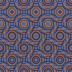 Obraz premium Vibrant linear optical geometric seamless pattern, repeating thin lines creating concentric circles and wavy squares, illusion of movement, bold contrasting palette (cobalt blue, bright orange, black,