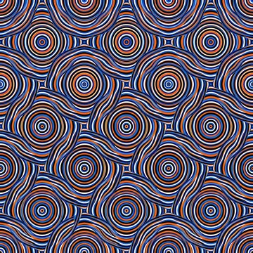 Vibrant linear optical geometric seamless pattern, repeating thin lines creating concentric circles and wavy squares, illusion of movement, bold contrasting palette (cobalt blue, bright orange, black,