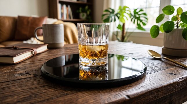 Crystal Whiskey Glass with Amber Drink on Black Coaster in Cozy Room.