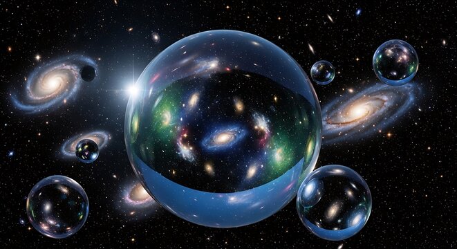 Spherical bubbles in space, each containing galaxies, suggesting a multiverse concept
