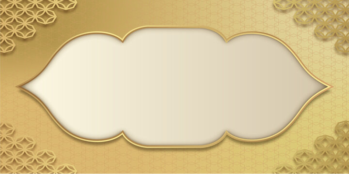Elegant golden frame with traditional arabesque geometric patterns for religious events and islamic festival greeting cards.