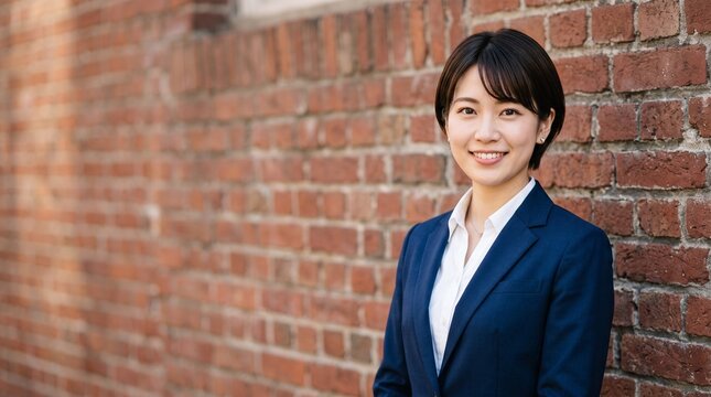 プロフィール写真をイメージした、重厚なレンガの壁を背景に立ち、穏やかな笑顔をカメラに向けている知的な印象の20代日本人女性社員のバストアップポートレート